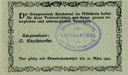 Biefmarkengeld Reichental - 20 heller n27 - timbre-monnaie - encased stamp - gutschein - back