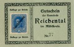 Biefmarkengeld Reichental - 25 heller n27 - timbre-monnaie - encased stamp - gutschein - front