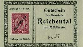 Biefmarkengeld Reichental - 90 heller n27 - timbre-monnaie - encased stamp - gutschein - front