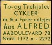 Timbre-monnaie To-og Trehjulet Cykler m. & u. Frer udlejes hos Alfred - aaboulevard 78 - Nora 1172 x - 2272 - 1 re sur carton jaune - Danemark