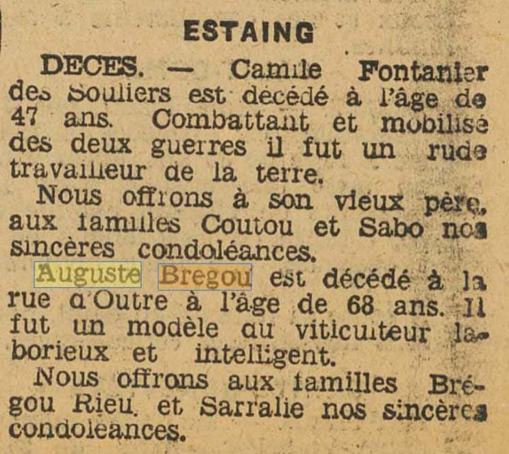 On annonce le d�c�s � Estaing d'un viticulteur nomm� Auguste Br�gou dans La Croix de l'Aveyron du 30 mai 1943