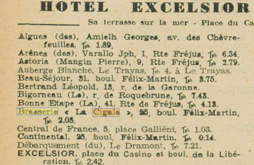 Une brasserie La Cigale à Saint-Raphaël, 35 Boulevard Félix-Martin, est citée dans l'Indicateur du Var du 1er janvier 1948