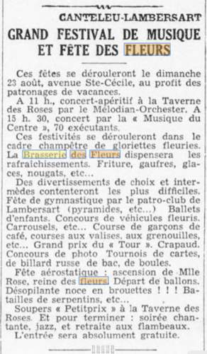 Cit�e dans la Croix-du-Nord du 31 juillet 1936 une Brasserie des Fleurs � Lambersart