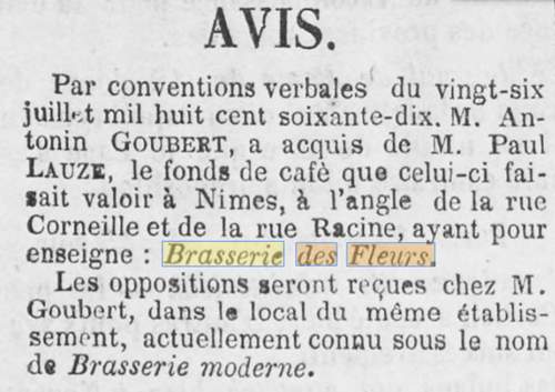 dans le Courrier du Gard du 14 septembre 1870 est publié un avis concernant une Brassere des Fleurs à Nîmes