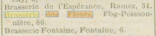 Dans Paris Adresses du 1er janvier 1898 c'est une Brasserie des Fleurs au 86 Faubourg Poissonni�re qui est cit�e
