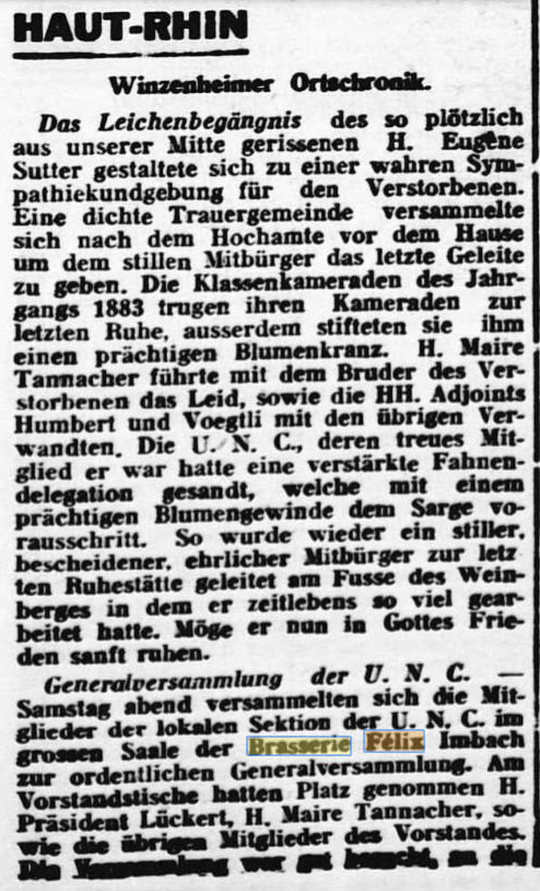 Une Brasserie Félix dans le Haut-Rhin dans le Gebweiler neueste Nachrichten du 2 novembre 1936