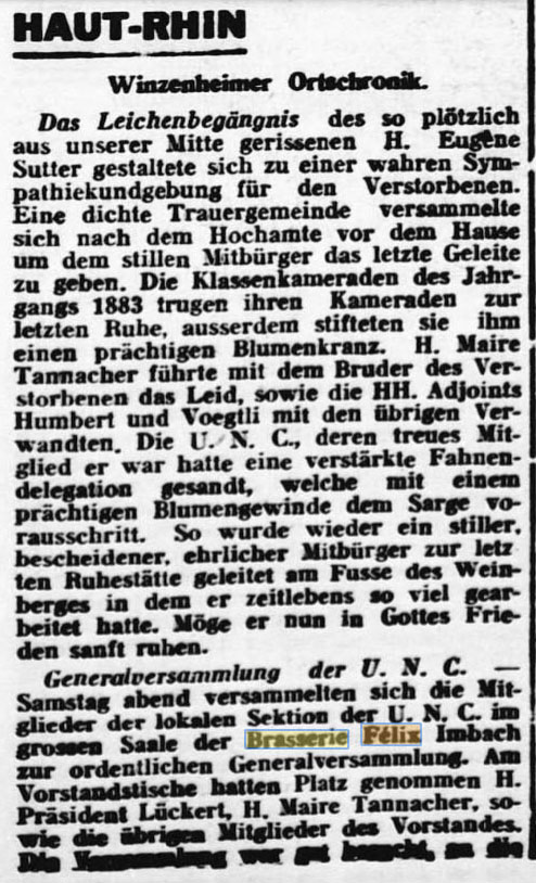 Une Brasserie F�lix dans le Haut-Rhin dans le Gebweiler neueste Nachrichten du 2 novembre 1936