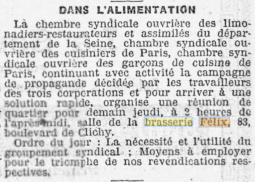 Une Brasserie F�lix situ�e au 83 Boulavrd de Clichy est cit�e par l'Humanit� du 9 octobre 1907