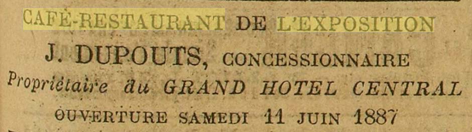 Un Caf� Restaurant de l'Exposition � Toulouse mentionn� dans La D�p�che du 11 juin 1887