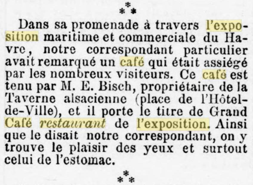 Un Grand Caf� Restaurant de l'Exposition au Havre mentionn� dans Le Voltaire du 13 mai 1887