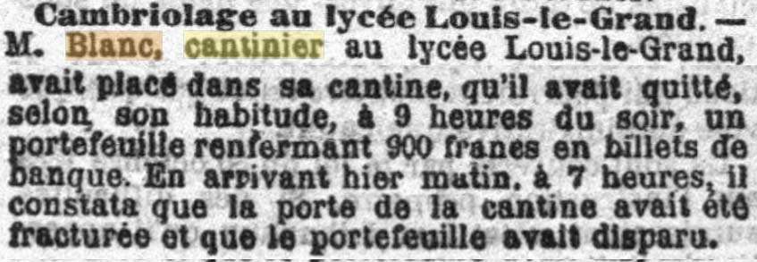 La Croix du 9 avril 1903 mentionne une Cantine Blanc � Paris