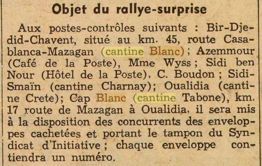 Le Petit Marocain du 5 ao�t 1937 mentionne une Cantine Blanc � Mazagan (Maroc)