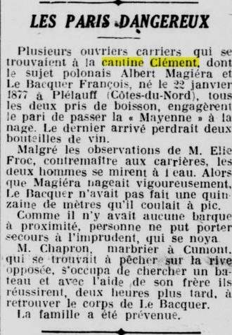 Article de l'Avenir de la Mayenne du 1er juillet 1928 mentionnant une Cantine Cl�ment