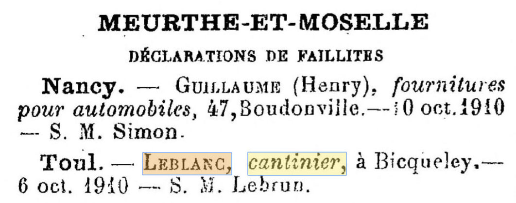 Une Cantine Leblanc dont la d�claration de faillite figure dans les Archives Commerciales de la France du 26 octobre 1910