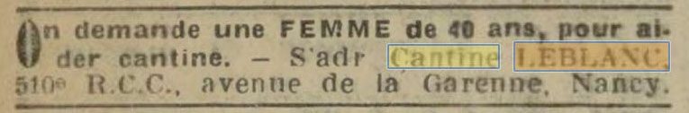 Une petite annonce est pass�e dans l'Est R�publicain du 10 mars 1931 par la Cantine Leblanc du 510e RCC