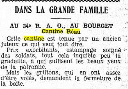 Cet article du 29 novembre 1926 paru dans l'Humanit� mentionne la Cantine R�au au 34e R.A.O. (R�giment d'Aviation d'Observation)