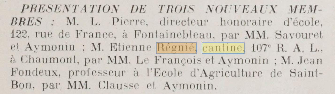 Mention d'une Cantine Régnié dans le Bulletin de la Société des Sciences Naturelles de la Haute-Marne du 1er janvier 1932