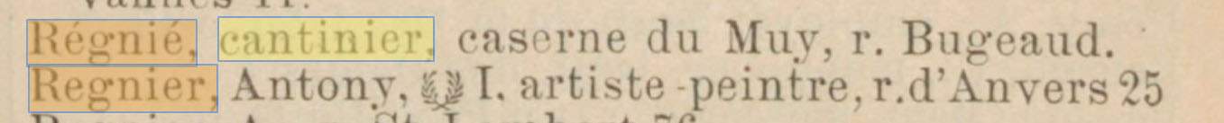Une Cantine Régnié est mentionnée dans l'Indicateur Marseillais du 1er janvier 1908 et localisée dans la Caserne du Muy à Marseille