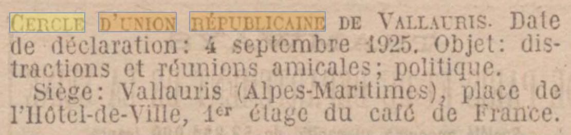 Un Cercle d'Union R�publicaine � Vallauris apparait au Journal Officiel de la R�publique fran�aise du 21 septembre 1925