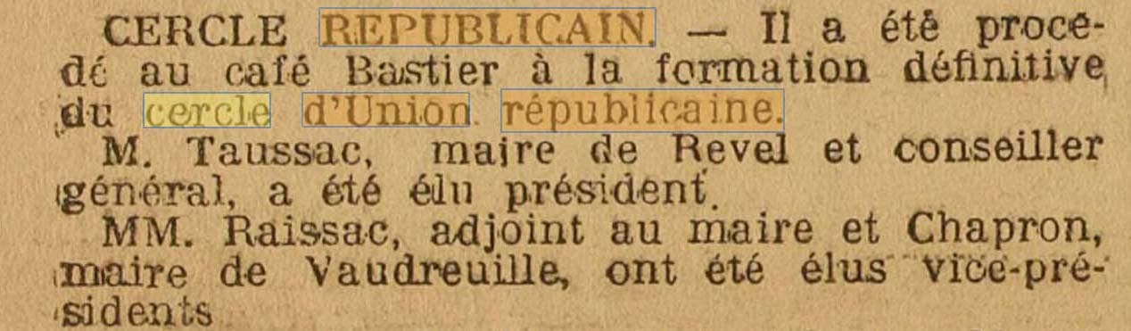Un Cercle d'Union R�publicaine � Revel est cit� dans La D�p�che du 5 f�vrier 1906