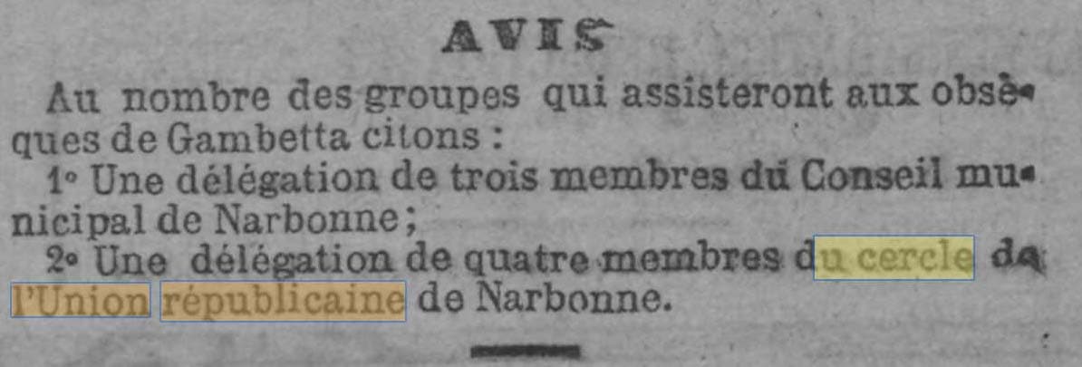 Un Cercle de l'Union R�publicaine � Narbonne est cit� dans La Lanterne du 7 janvier 1883