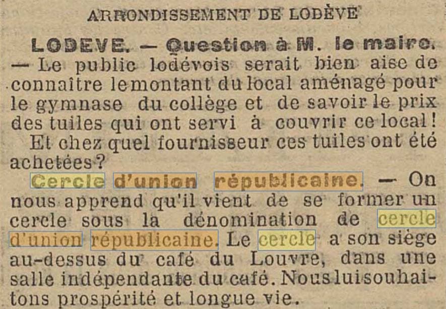 Un Cercle d'Union R�publicaine � >Lod�ve est mentionn� dans Le Midi du 8 novembre 1902