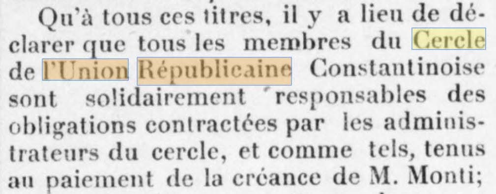 Un Cercle de l'Union R�publicaine � Constantine est cit� dans Le R�publicain de Constantine du 7 novembre 1902