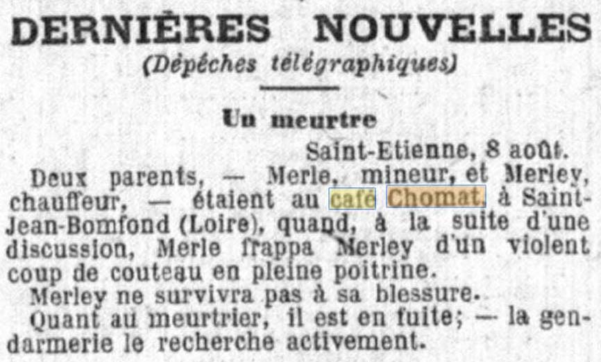 Le Caf� Chomat � Saint-Jean-Bonnefonds est cit� dans Le Petit Parisien du 10 ao�t 1882