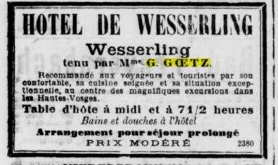 Une publicit� dans l'Express du 3 juin 1899 pour l'H�tel de Wesserling tenu par Mme G.Goetz