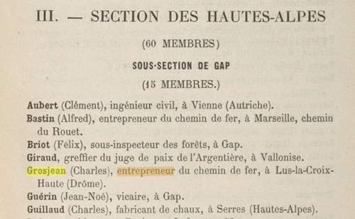 Un Charles Grosjean, entrepreneur � Lus-la-Croix-Haute (Dr�me) apparait dans le Bulletin du Club Alpin fran�ais de 1878