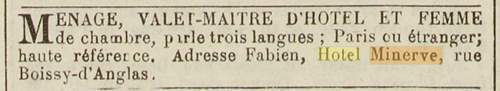 H�tel de la Minerve, Rue Boissy-d'Anglas (8�me arrondissement) mentionn� dans le New-York Herald en d�cembre 1893