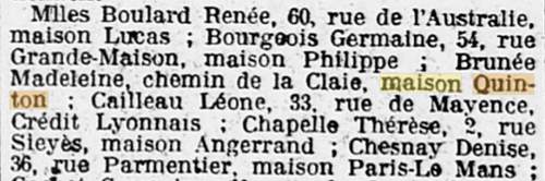 Une Maison Quinton au Mans mentionn�e dans l'Ouest-Eclair du 6 juin 1921