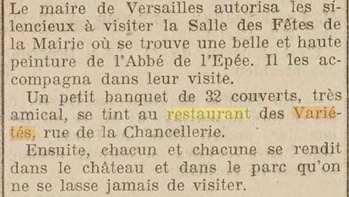 Un Restaurant des Variétés existait Rue de la Chancellerie à Versailles comme le mentionne la Gazette des Sourds-Muets en 1931