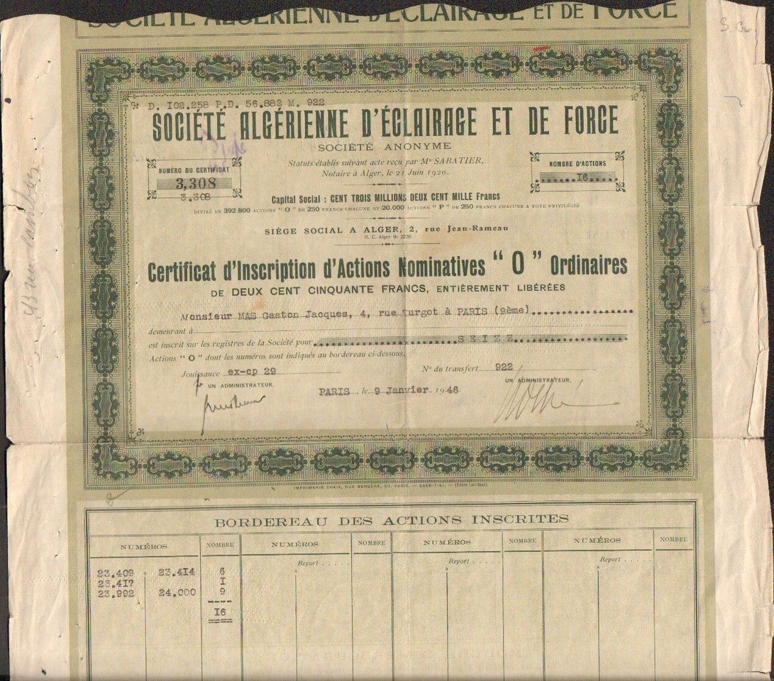 Action de la Soci�t� Alg�rienne d'Eclairage et de Force