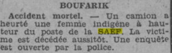 Article relatant un accident mortel au poste de la SAEF � Boufarik
