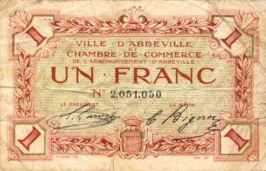 Billet de la Chambre de Commerce d'Abbeville - 2 francs avec filigrane Abeilles