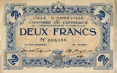 Billet de la Chambre de Commerce d'Abbeville - 2 francs avec filigrane Feuilles - avec timbre sec - n� 006,066
