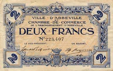 Billet de la Chambre de Commerce d'Abbeville - 1 franc avec filigrane Abeilles