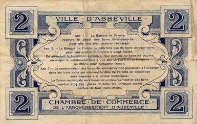 Billet de la Chambre de Commerce d'Abbeville - 1 franc avec filigrane Abeilles