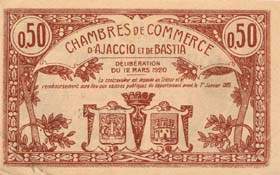 Billet des Chambres de Commerce d'Ajaccio et de Bastia - 50 centimes - d�lib�ration du 12 mars 1920 - sans filigrane