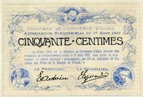 Billet de la Chambre de Commerce d'Alais (Al�s) - 50 centimes - Autorisation Minist�rielle du 16 ao�t 1915 - s�rie L