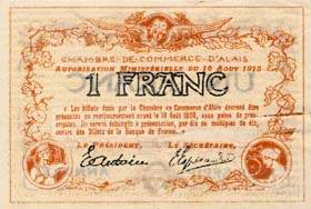 Billet de la Chambre de Commerce d'Alais (Al�s) - 1 franc - Autorisation Minist�rielle du 16 ao�t 1915 - Hors S�rie annul�
