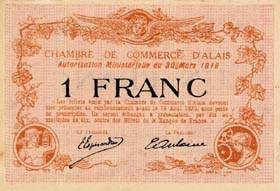 Billet de la Chambre de Commerce d'Alais (Al�s) - 1 franc - Autorisation Minist�rielle du 30 mars 1916