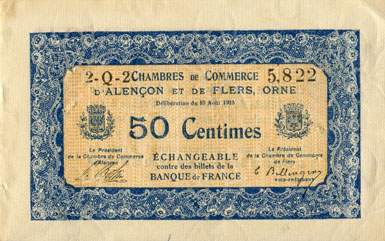 Billet des Chambres de Commerce d'Alen�on et de Flers - 50 centimes - d�lib�ration du 10 ao�t 1915 - remboursement avant le 31 d�cembre 1920 - s�rie 2-Q-2