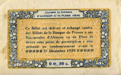 Billet des Chambres de Commerce d'Alen�on et de Flers - 50 centimes - d�lib�ration du 10 ao�t 1915 - remboursement avant le 31 d�cembre 1920 - s�rie 2-Q-2