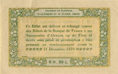 Billet des Chambres de Commerce d'Alen�on et de Flers - 50 centimes - d�lib�ration du 10 ao�t 1915 - remboursement avant le 31 d�cembre 1920 - s�rie 2-H-1 - n� 2,708