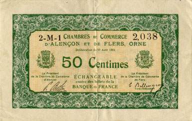 Billet des Chambres de Commerce d'Alen�on et de Flers - 50 centimes - d�lib�ration du 10 ao�t 1915 - remboursement avant le 31 d�cembre 1920 - s�rie 2-M-1