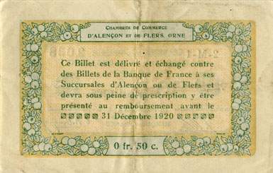 Billet des Chambres de Commerce d'Alen�on et de Flers - 50 centimes - d�lib�ration du 10 ao�t 1915 - remboursement avant le 31 d�cembre 1920 - s�rie 2-M-1