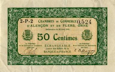 Billet des Chambres de Commerce d'Alen�on et de Flers - 50 centimes - d�lib�ration du 10 ao�t 1915 - remboursement avant le 31 d�cembre 1920 - s�rie 2-P-2