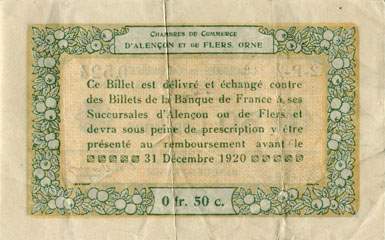 Billet des Chambres de Commerce d'Alen�on et de Flers - 50 centimes - d�lib�ration du 10 ao�t 1915 - remboursement avant le 31 d�cembre 1920 - s�rie 2-P-2